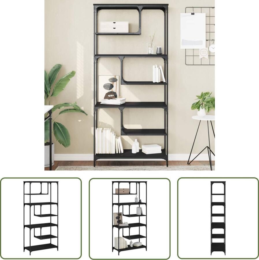 The Living Store Boekenkast Zigzag Zwart 81x36x176 cm Robuust metalen frame