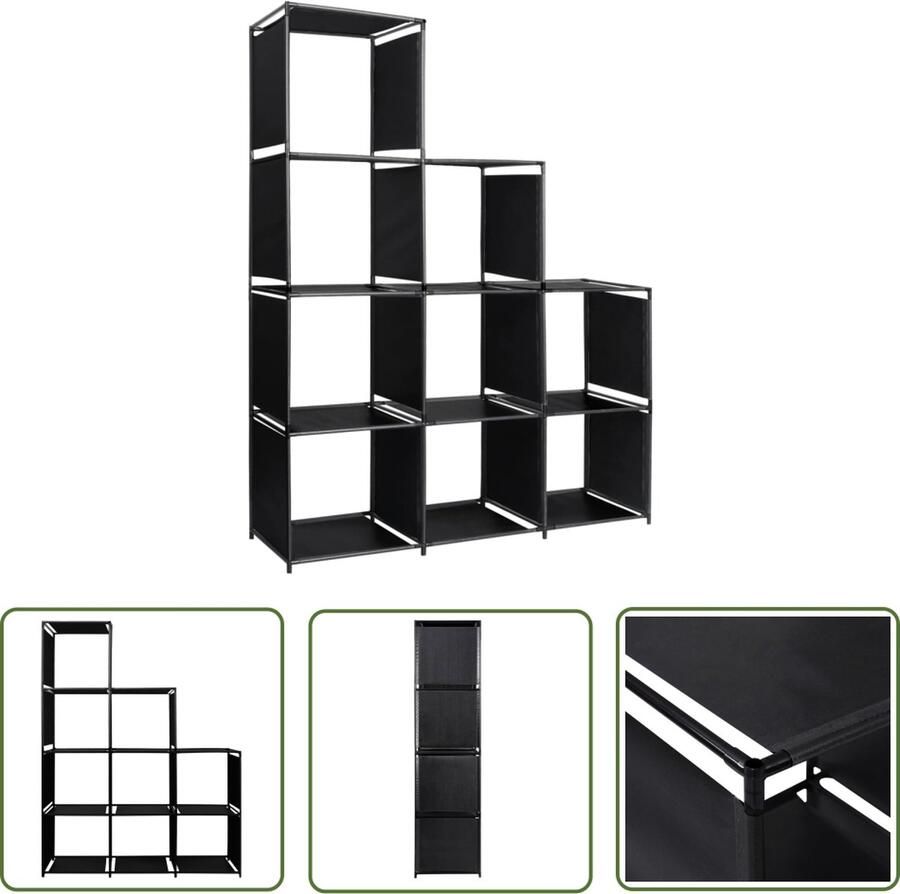 The Living Store Boekenkast Zwart Staal en stof 130 x 45 x 170 cm 9 open vakken Bibliotheek Boekenkast Opbergkast Trap Vormig Industrieel Design - Foto 2