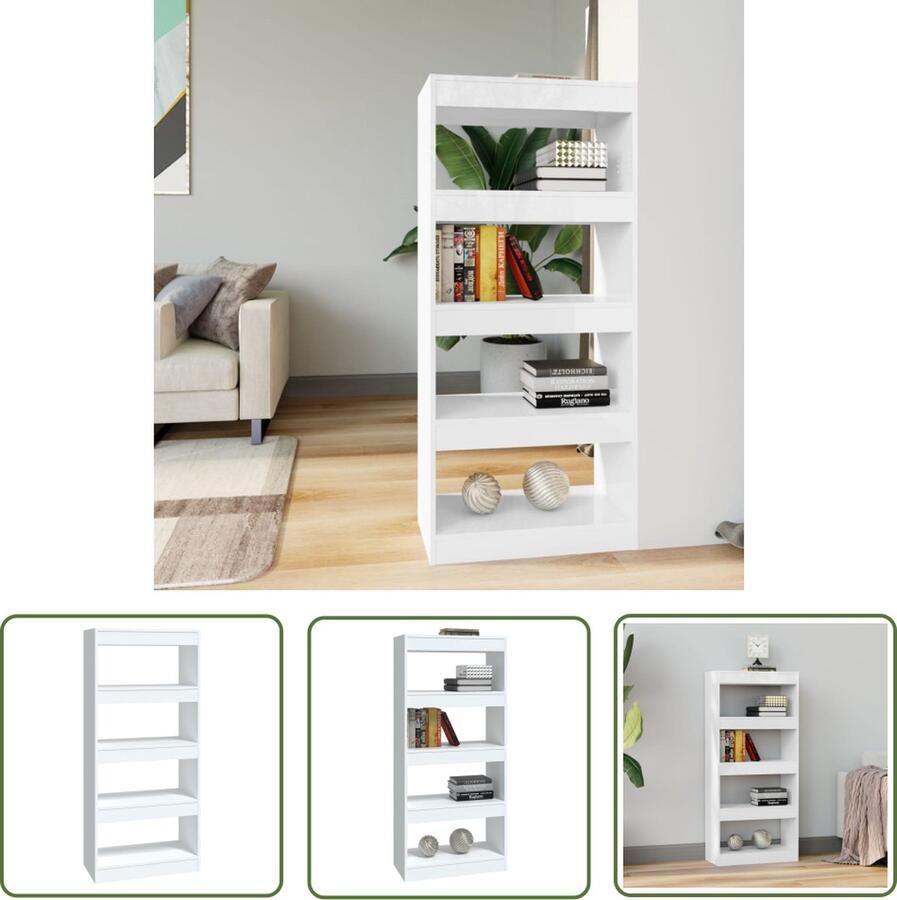 The Living Store Boekenkast kamerscherm 60x30x135 cm bewerkt hout hoogglans wit Boekenkast Houten Boekenkast Boekenplank Kamerdivider Opslagmeubel - Foto 2