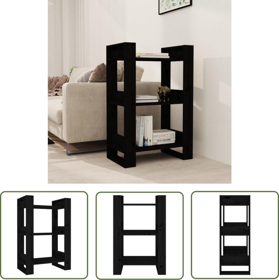 The Living Store Boekenkast kamerscherm 60x35x91 cm massief grenenhout zwart Boekenkast Houten Boekenkast Grenenhout Boekenkast Zwarte Boekenkast Boekenplank - Foto 2