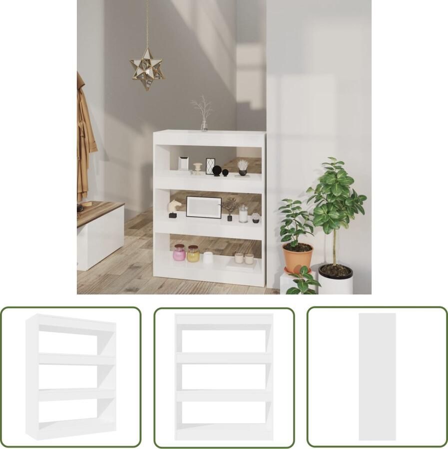 The Living Store Boekenkast kamerscherm 80x30x103 cm bewerkt hout hoogglans wit Boekenkast Boekenplank Witte Boekenkast Houtsoort Boekenkast Bibliotheek - Foto 2