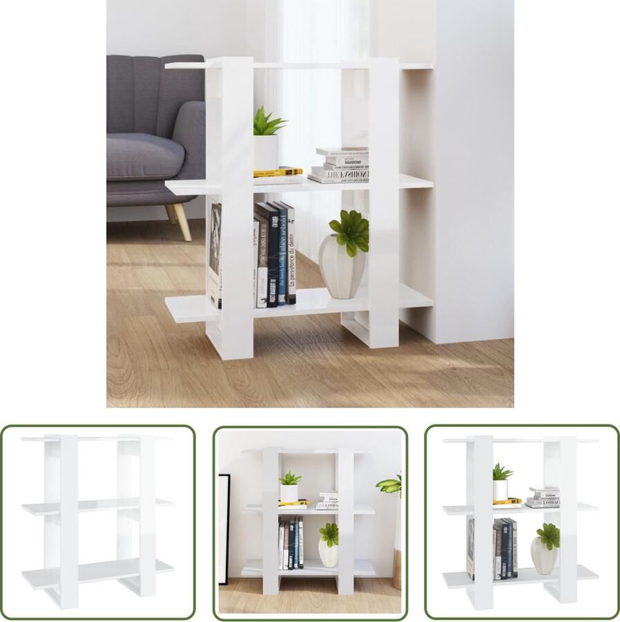 The Living Store Boekenkast Hoogglans wit 80 x 30 x 87 cm Bewerkt hout Bibliotheek Boekenkast Boekenplank Opslagmeubel Woninginrichting - Foto 2