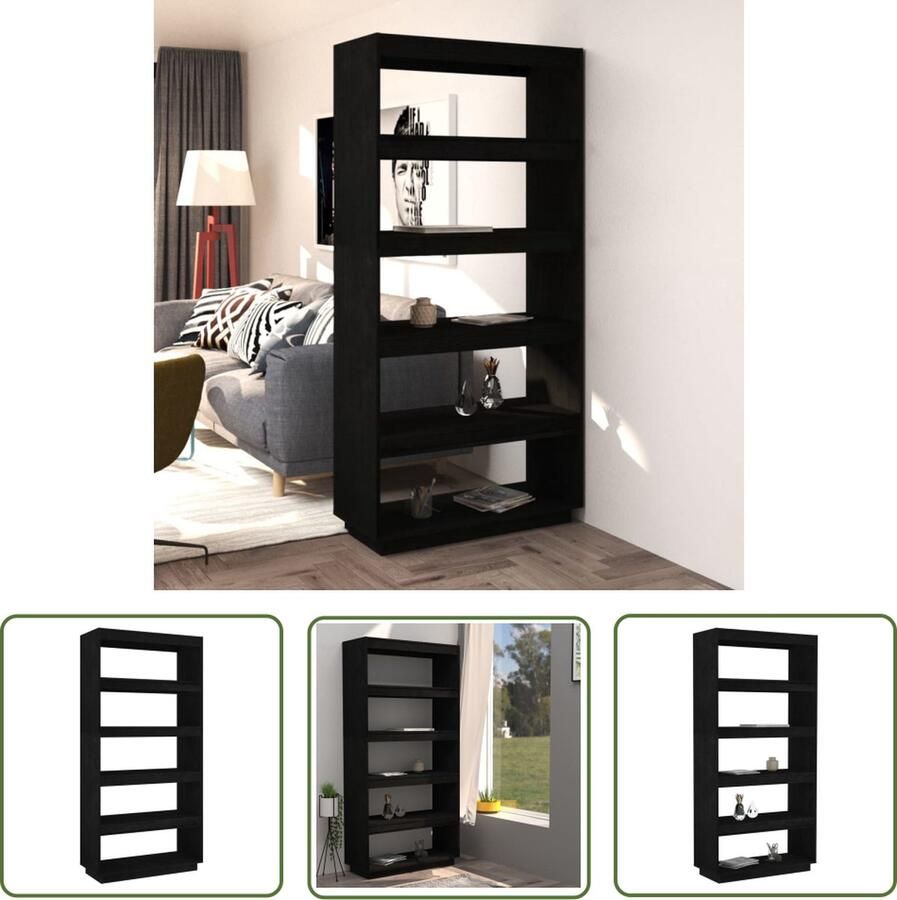 The Living Store Boekenkast kamerscherm 80x35x167 cm massief grenenhout zwart Bibliotheek Boekenkast Grenoble Hout Zwarte Boekenkast Kamerdivider - Foto 2