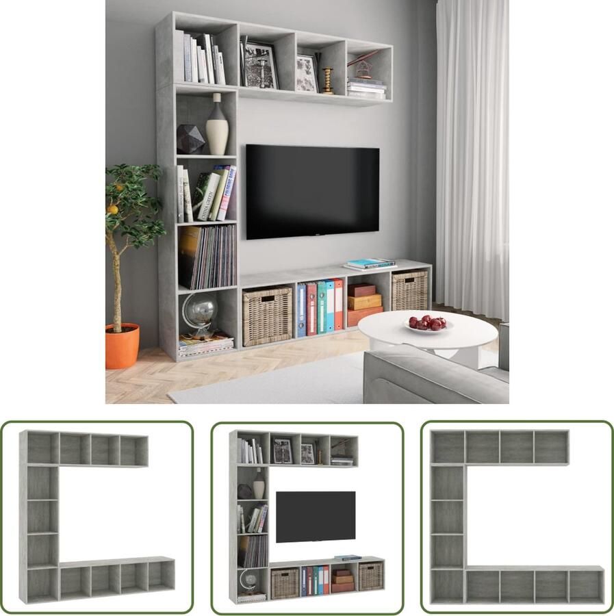 The Living Store 3-delige Boekenkast- tv-meubelset 180x30x180 cm betongrijs Boekenkast Tv Kast Media Kast Woonkamer Meubilair Grijze Meubels - Foto 2