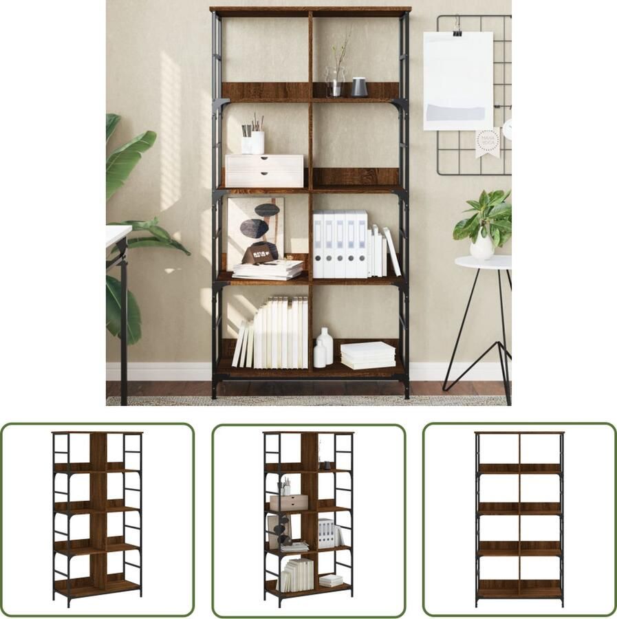 The Living Store Boekenrek 78 5x33x153 cm bewerkt hout bruin eikenkleur Boekenrek Industrieel Interieur Houten Boekenplank Bibliotheek Opbergruimte