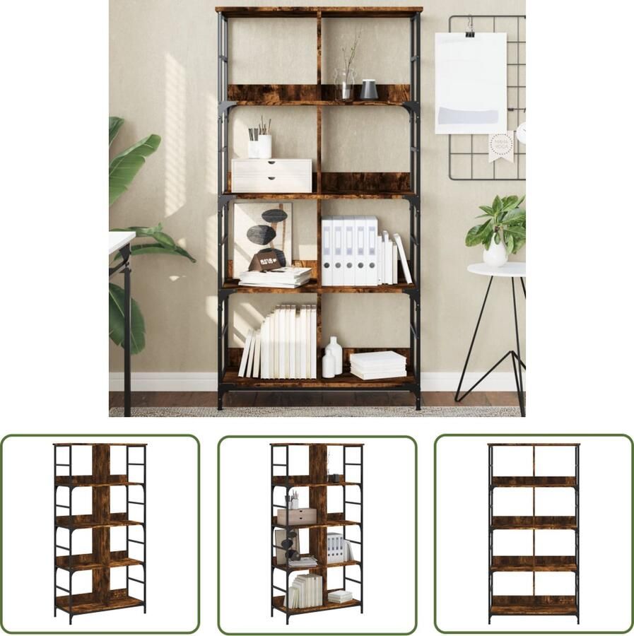 The Living Store Boekenrek Boekenkast 78.5 x 33 x 153 cm gerookt eiken Industrieel ontwerp Boekenrek Boekenkast Industrieel Design Houten Boekenkast Bruine Boekenkast