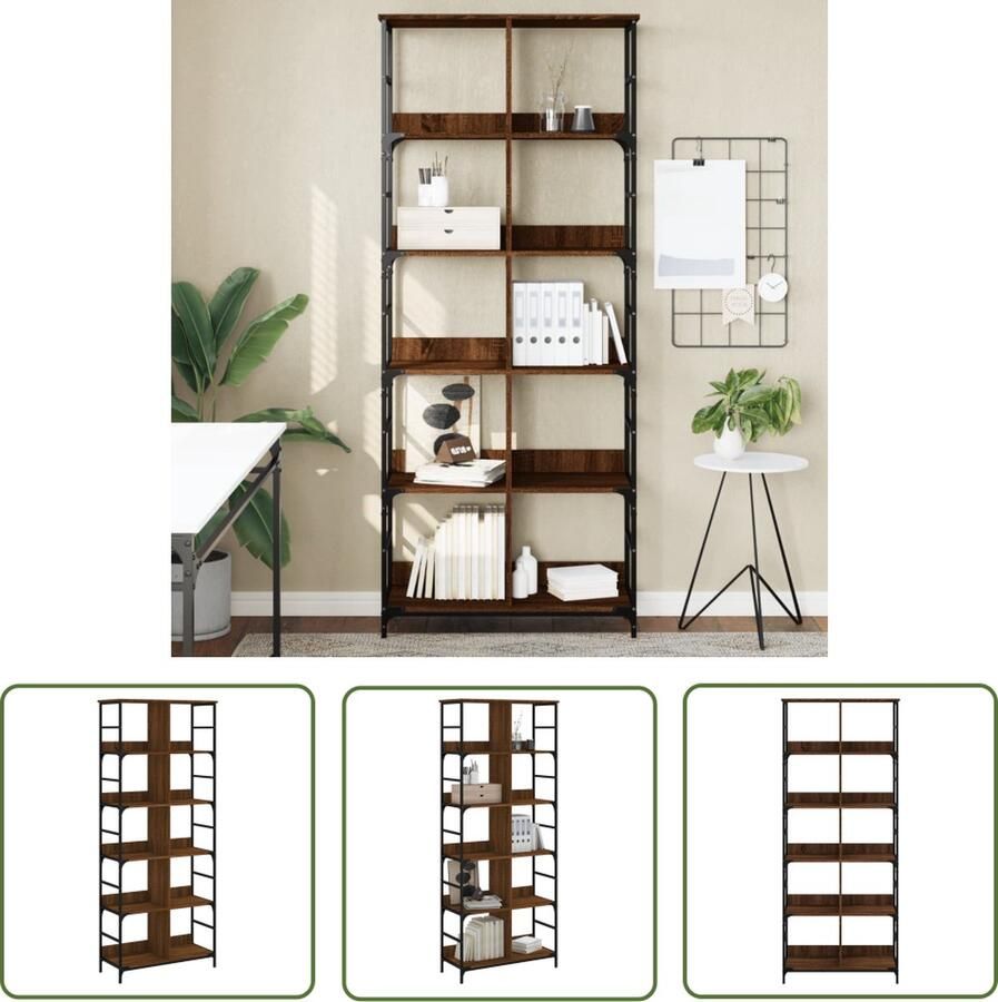 The Living Store Boekenrek Industrieel 10 vakken 78.5 x 33 x 188.5 cm Bruineiken Boekenrek Industrieel Boekenrek Houten Boekenrek Bruine Boekenkast Opbergkast