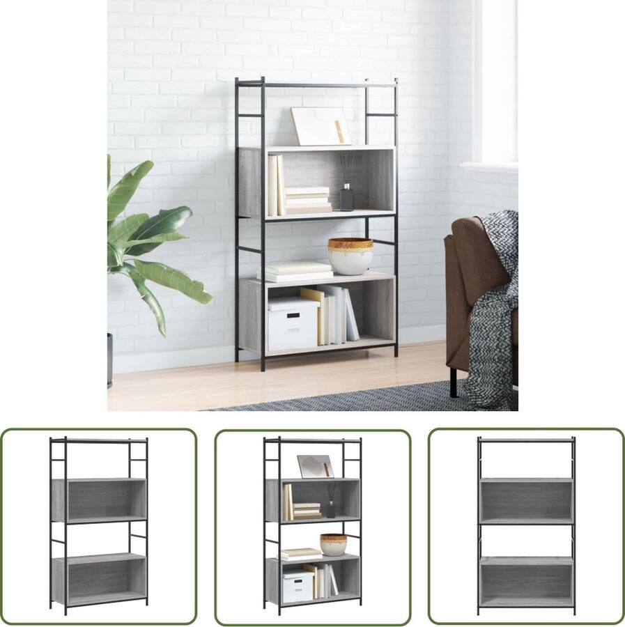 The Living Store Boekenrek Industrieel 80 x 30 x 145.5 cm Grijs Sonoma Eiken Bewerkt Hout en IJzer Boekenrek Industrieel Boekenrek Houten Boekenrek Grijze Boekenkast Bibliotheek Kast - Foto 2