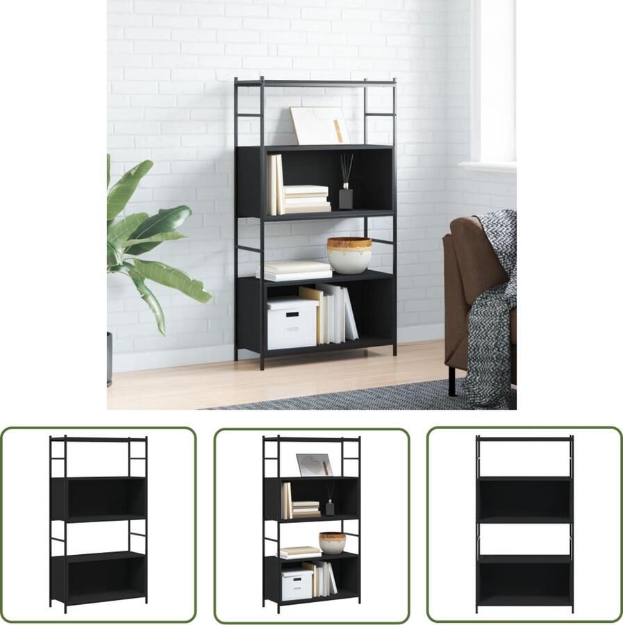 The Living Store Boekenrek 80x30x145 5 cm bewerkt hout en ijzer zwart Boekenrek Industrieel Houten Boekenplank Bibliotheek Kast Opbergkast Vintage Boekenrek - Foto 2