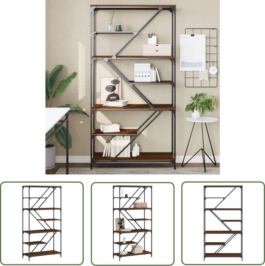 The Living Store Boekenrek 91x36x176 cm bewerkt hout en staal bruin eikenkleur Boekenrek Industrieel Boekenrek Houten Boekenrek Bruin Boekenrek Bibliotheek Kast