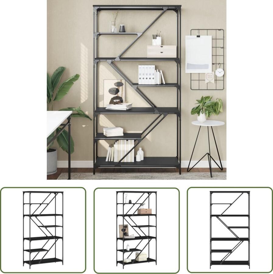 The Living Store Boekenrek 91x36x176 cm bewerkt hout en staal zwart Boekenrek Industrieel Boekenrek Houten Boekenrek Zwarte Boekenkast Bibliotheek Kast