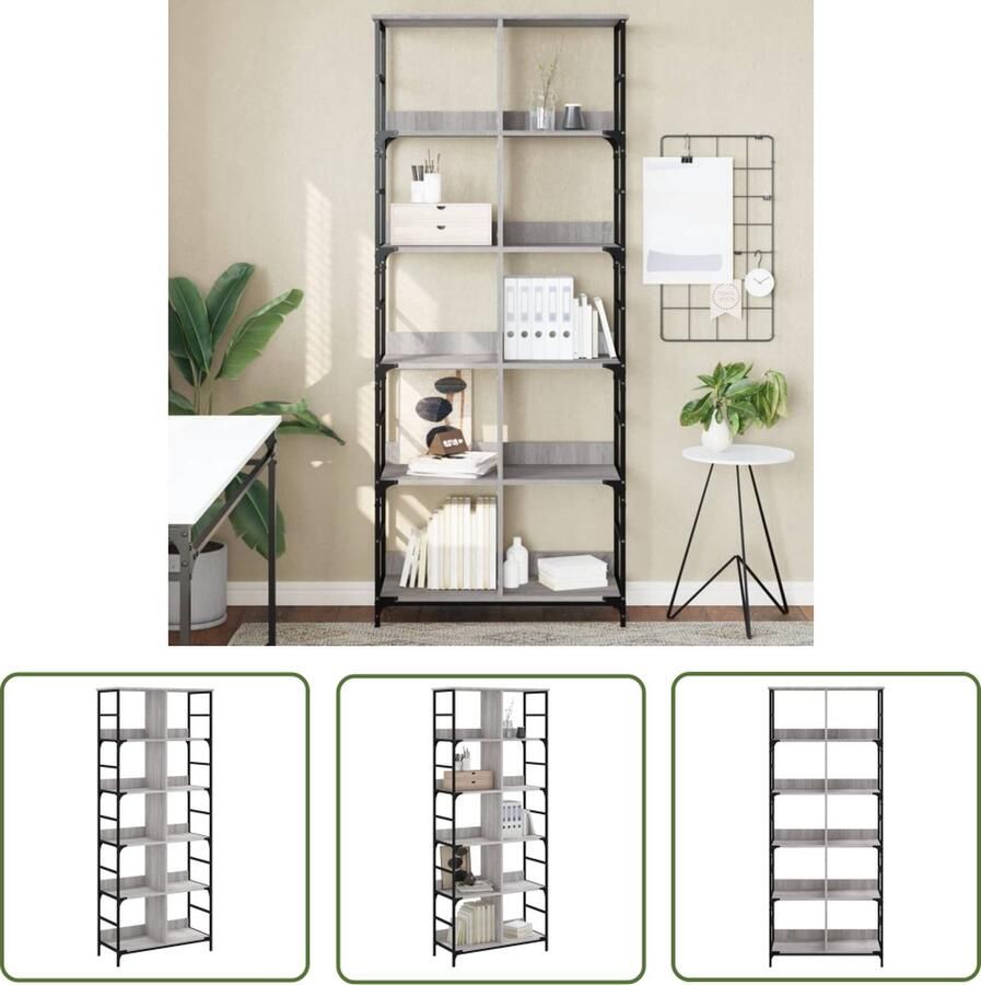 The Living Store Boekenrek Industrial 10 Vakken 78.5 x 33 x 188.5 cm Grijs Sonoma Eiken Boekenrek Industrieel Boekenrek Houten Boekenkast Grijze Boekenkast Opslagruimte - Foto 2