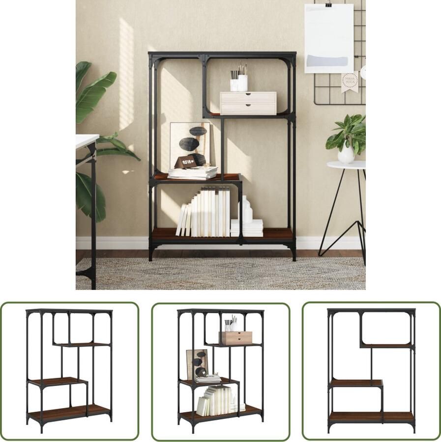 The Living Store Boekenkast 81x36x115 cm bewerkt hout en staal bruin eikenkleur Boekenrek Industrieel Boekenrek Houten Boekenkast Metalen Boekenkast Bibliotheek - Foto 3