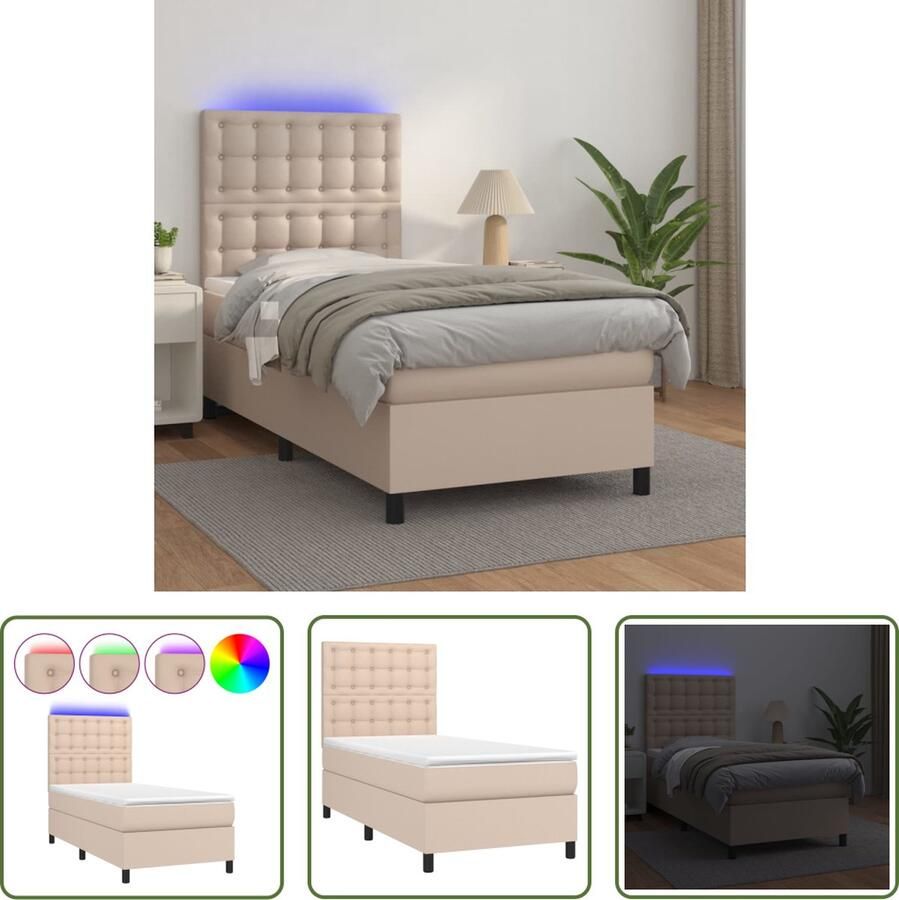 The Living Store Boxspring Bed Cappuccino Kunstleer 203 x 100 x 118 128 cm Inclusief Matras en LED Boxspring Bed Boxspring Kopen Leder Look Bed Led Lampje Bed Kapstokkast