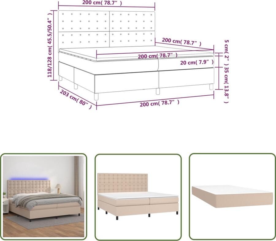 The Living Store Boxspring met matras en LED kunstleer cappuccinokleur 200x200cm Boxspring Bed Kunstleder Bed Bruine Bed Tweepersoons Bed Led Lampen Bed