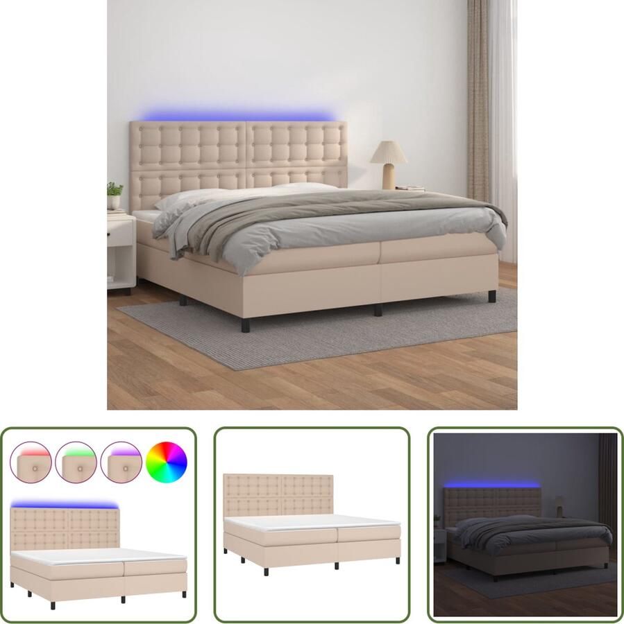 The Living Store Boxspring met matras en LED kunstleer cappuccinokleur 200x200cm Boxspring Bed Kunstleder Bed Bruine Bed Tweepersoons Bed Led Lampen Bed - Foto 2