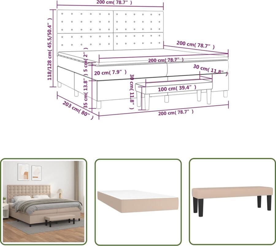 The Living Store Boxspring met matras kunstleer cappuccinokleurig 200x200 cm Boxspring Bed Bruin Bed Kapstok Slaapkamer Meubels Lederlook Bed
