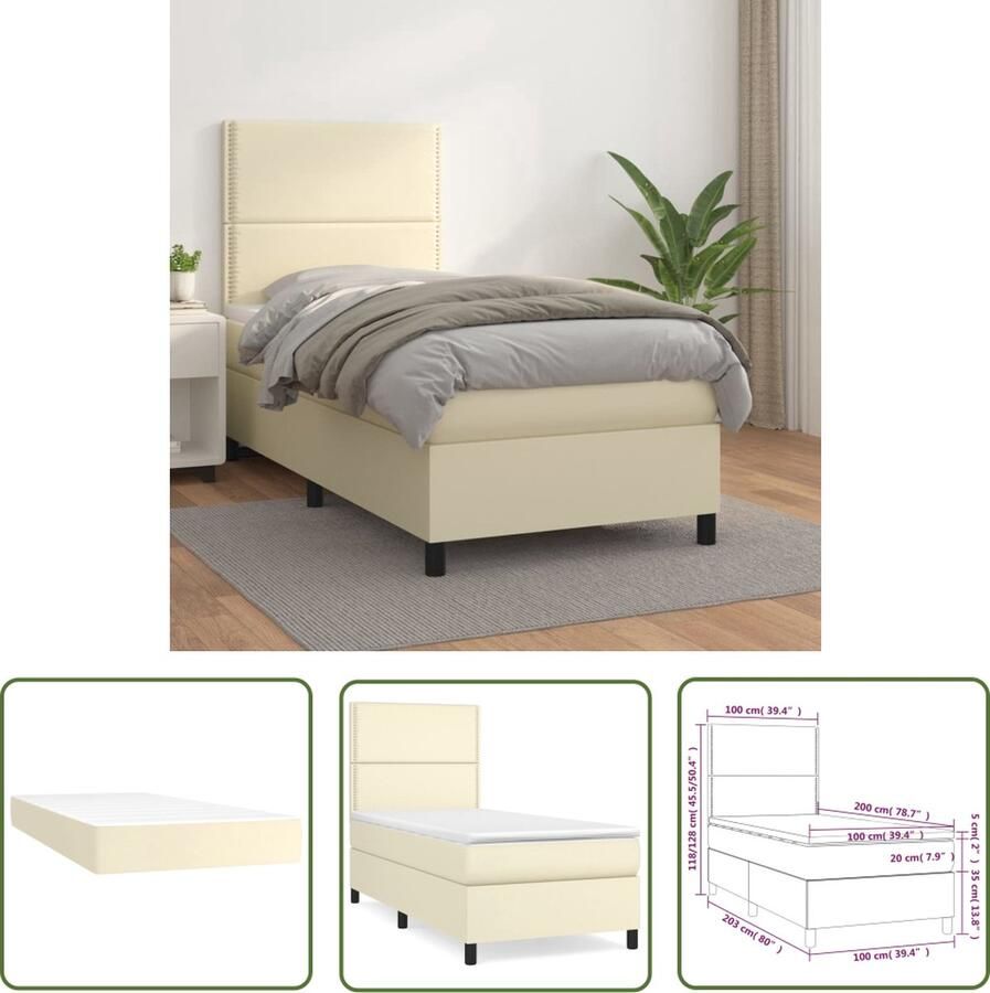 The Living Store Boxspring met matras kunstleer crèmekleurig 100x200 cm Boxspring Boxsprings Bed Slaapmeubel Boxspringbed Boxspring Bed Tweepersoonsbed Bed Met Matras Bedframe Ledikant Bed Met Hoofdbord