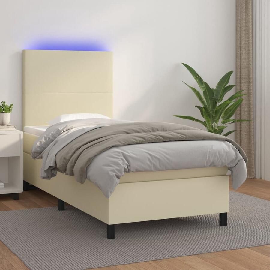 The Living Store Boxspring Bed Crème 203 x 90 x 118 128 cm Duurzaam kunstleer Verstelbaar hoofdbord Kleurrijke LED-verlichting Pocketvering matras Huidvriendelijk topmatras Inclusief montagehandleiding en LED-strip