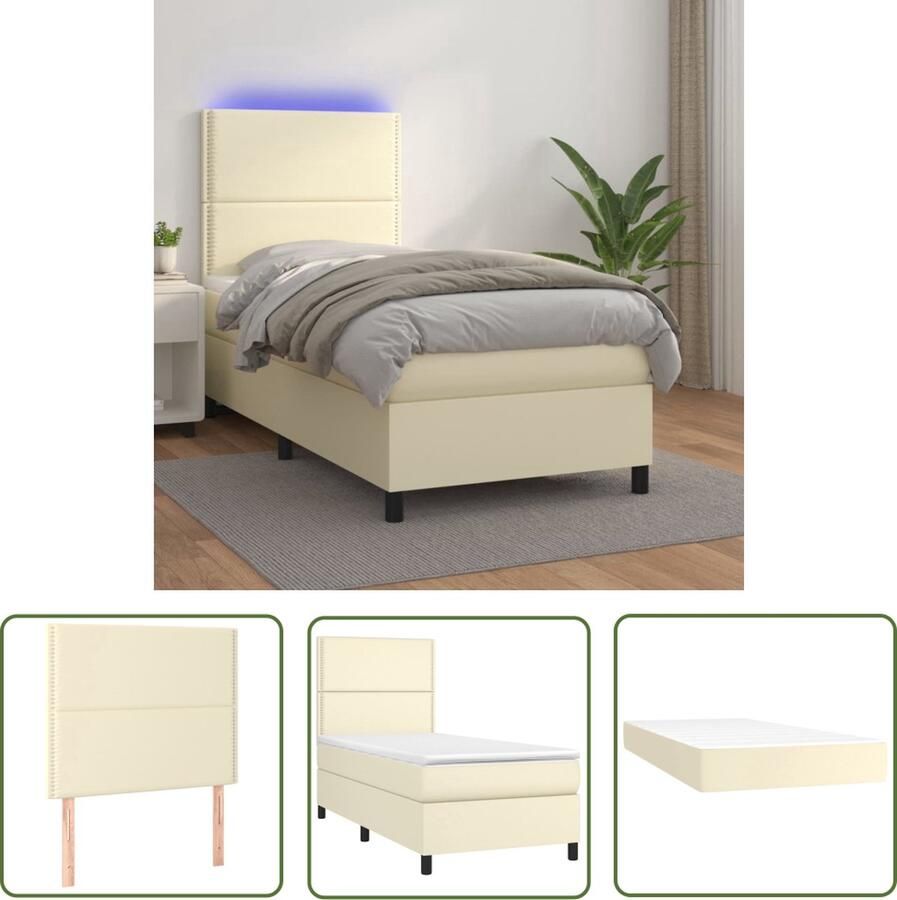The Living Store Boxspring met matras en LED kunstleer crèmekleurig 100x200 cm Boxspring Boxsprings Bed Slaapmeubel Boxspringbed Boxspring Bed Tweepersoonsbed Bed Met Matras Bedframe Ledikant Bed Met LED