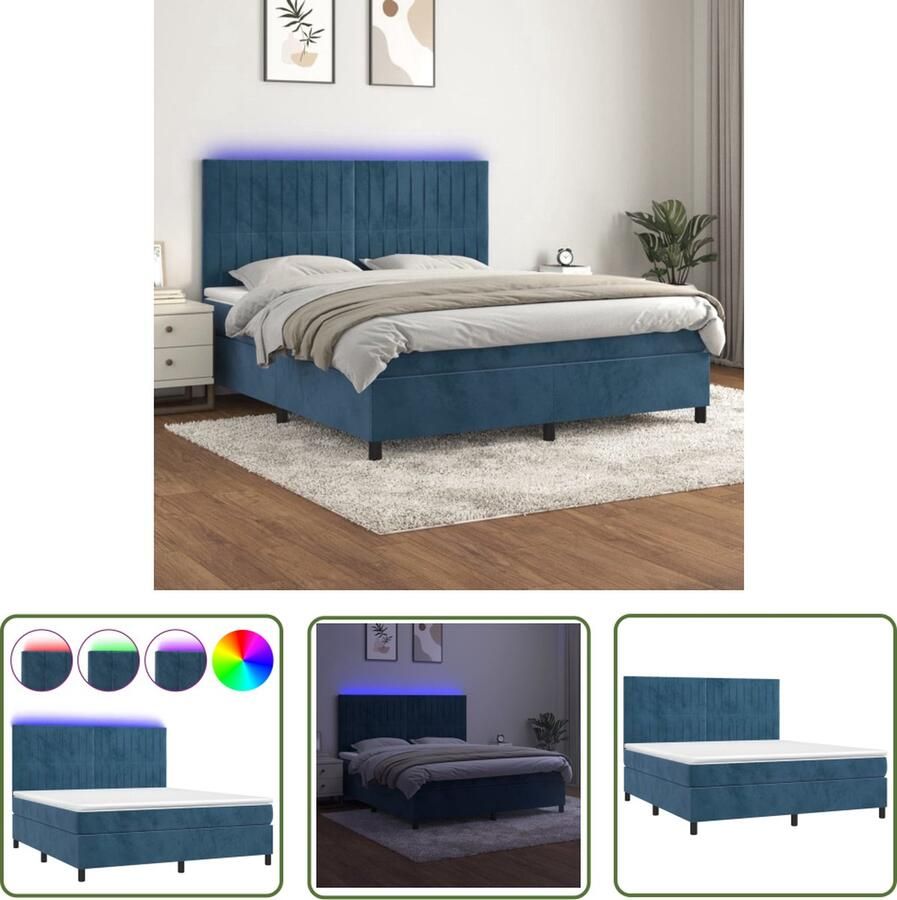 The Living Store Boxspring Bed Donkerblauw Fluweel Pocketvering Matras Huidvriendelijk Topmatras Kleurrijke LED-verlichting Boxspring Bed Donkere Kleuren Velvet Bed Led Lampen Pocketed Spring Mattress