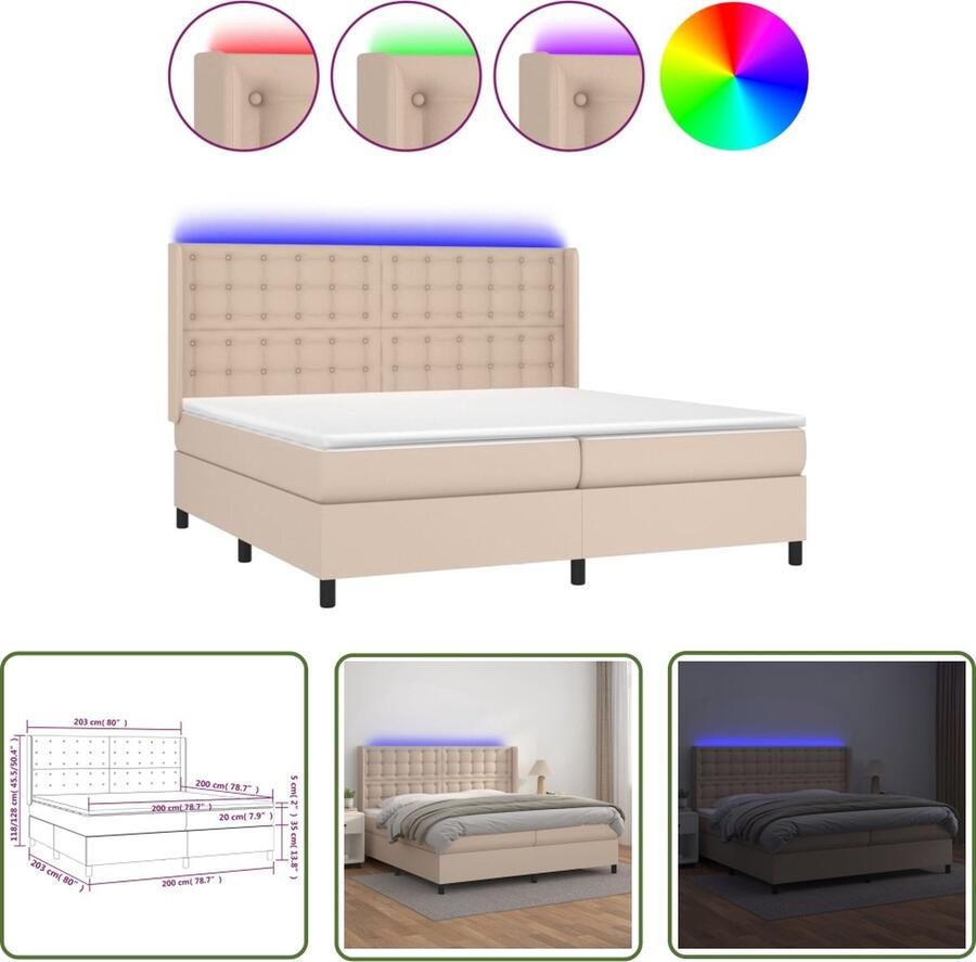 The Living Store Boxspring Bed Kunstleer 203 x 203 x 118 128 cm Pocketvering Matras Huidvriendelijk Topmatras LED Boxspring Bed Leder Look Bed Hoofdboard Bed Led Lampen Bed Pocketveer Matras - Foto 2