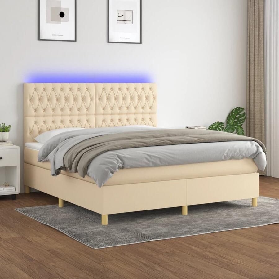 The Living Store Boxspring met matras en LED stof crèmekleurig 160x200 cm Boxspring Bed Led Bed Creme Bed Tweepersoons Bed Slaapcomfort - Foto 2