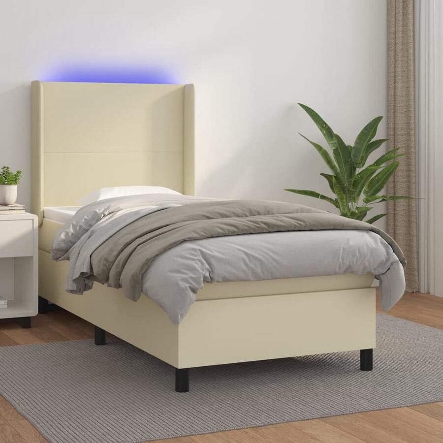 The Living Store Boxspring Bed LED 203x93x118 128 cm Crème Kunstleer Inclusief Matras en Topmatras