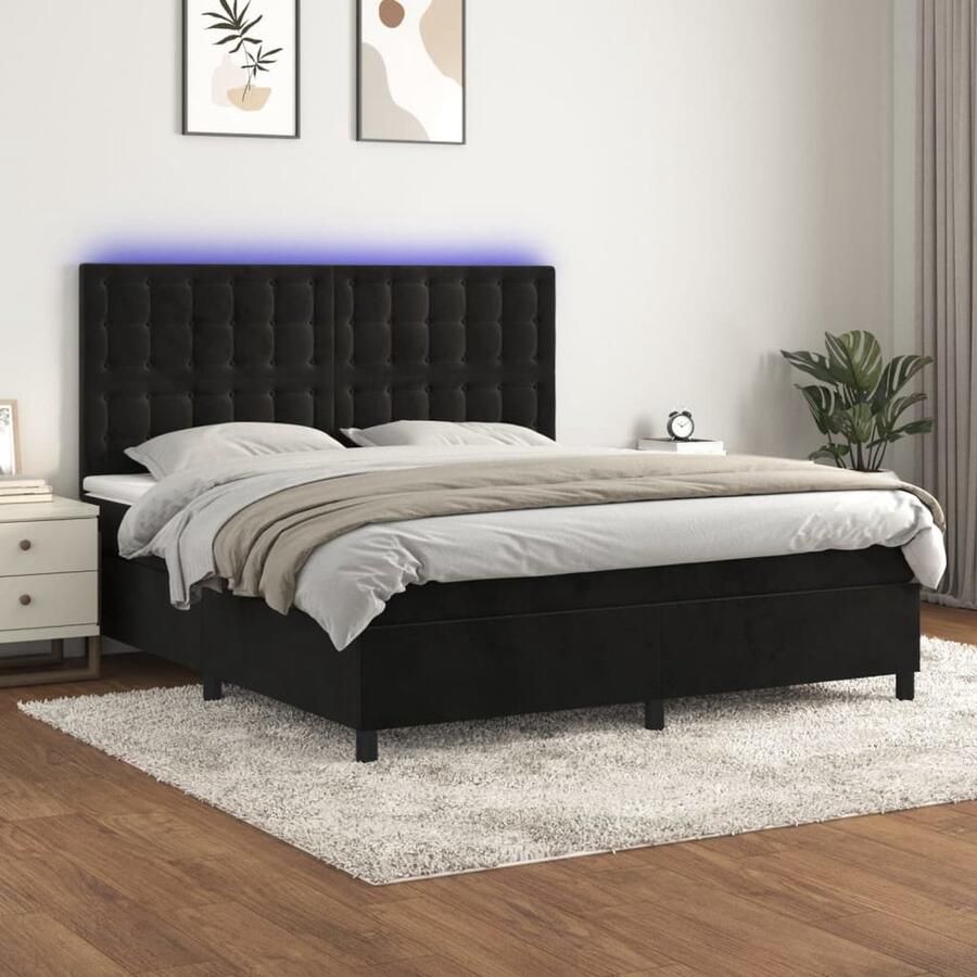 The Living Store Boxspring Bed Zwart Fluweel 203 x 180 x 118 128 cm Verstelbaar hoofdbord Kleurrijke LED-verlichting Inclusief pocketvering matras en huidvriendelijk topmatras