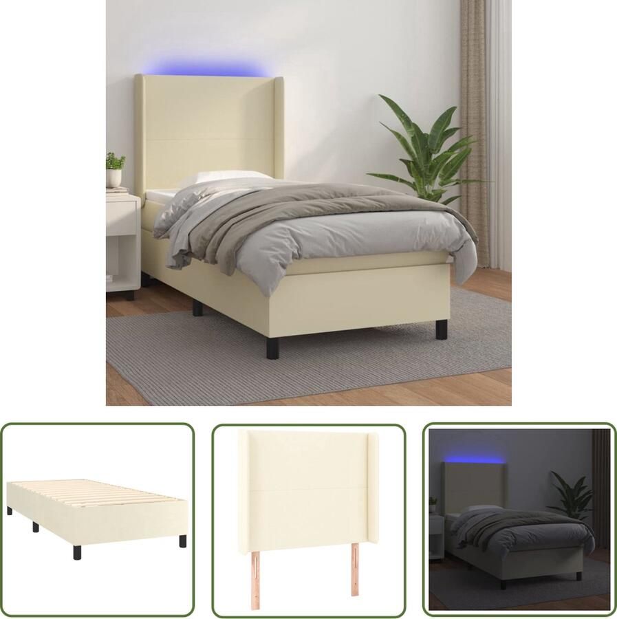 The Living Store Boxspring Crème 203 x 103 x 118 128 cm Hoogwaardig kunstleer Verstelbaar hoofdbord Kleurrijke LED-verlichting Pocketvering matras Huidvriendelijk topmatras Inclusief montagehandleiding