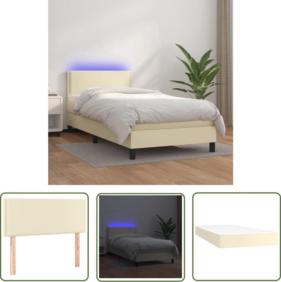 The Living Store Boxspring met matras en LED kunstleer crèmekleurig 100x200 cm Boxspring Lederlook Led Lamp Tweepersoonsbed Creme Kleurtone - Foto 2