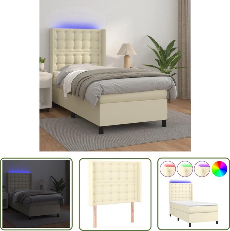 The Living Store Boxspring Crème Kunstleer 203x103x118 128 cm Verstelbaar hoofdbord Kleurrijke LED-verlichting