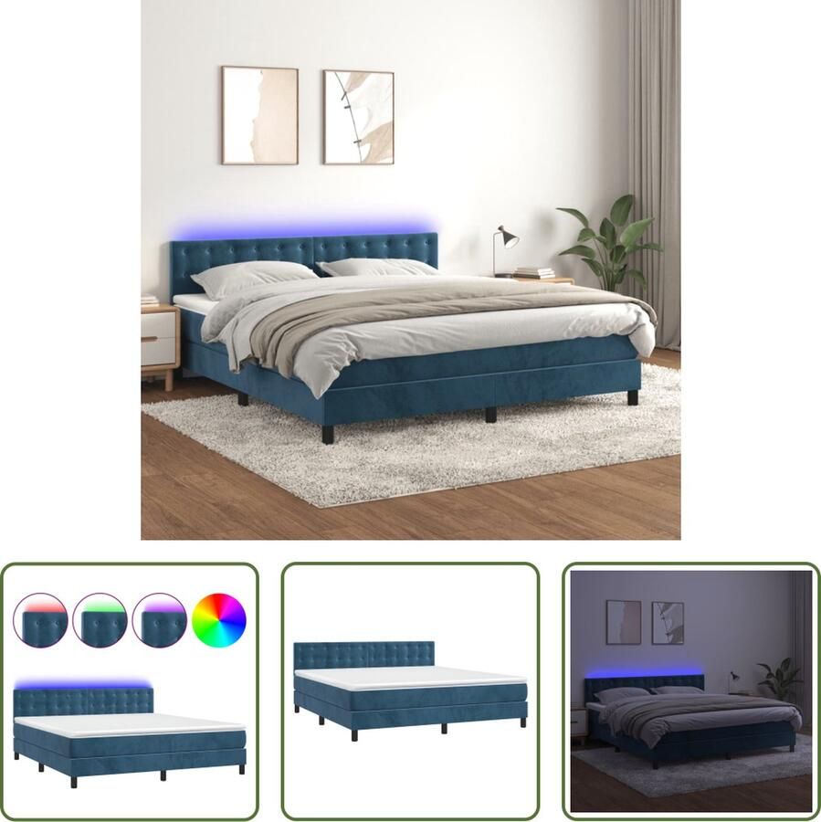 The Living Store Boxspring Donkerblauw Fluweel 203x160x78 88 cm Verstelbaar hoofdbord LED-verlichting Pocketvering matras Huidvriendelijk topmatras Boxspring Donkere Kleuren Velvet Led Verlichting Elektrisch Verstelbare Hoofdbord