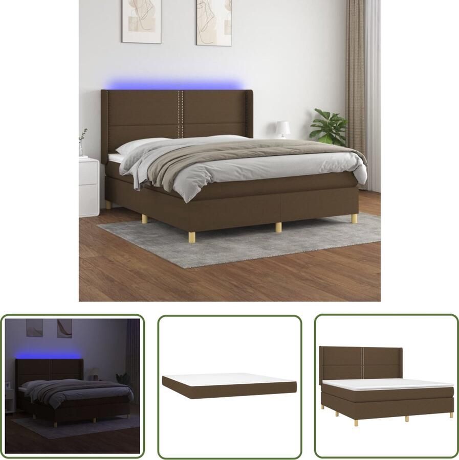 The Living Store Boxspring met matras en LED stof donkerbruin 160x200 cm Boxspring Donkere Bruine Boxspring Led Boxspring Adjustable Headboard Pocketveer Matras