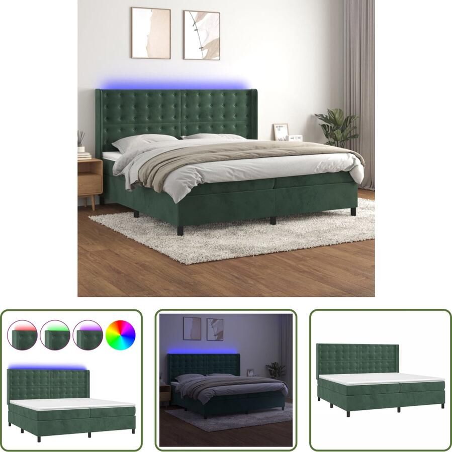 The Living Store Boxspring met matras en LED fluweel donkergroen 200x200 cm Boxspring Donkere Kleuren Velvet Led Lampen Slaapcomfort
