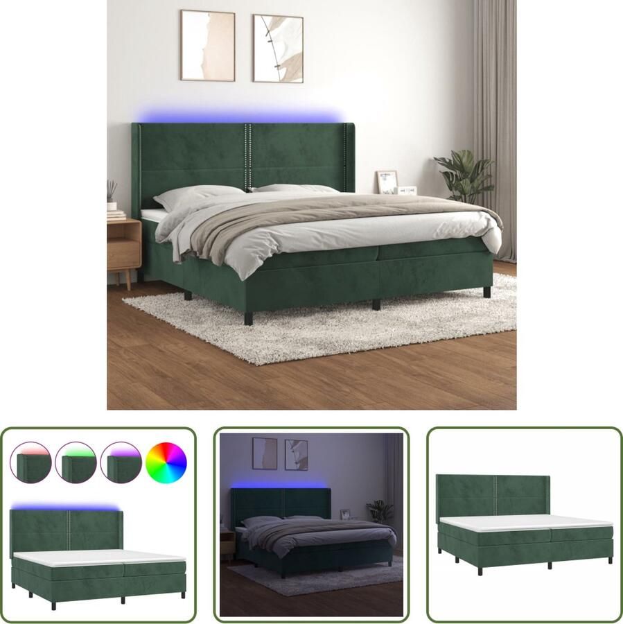 The Living Store Boxspring Fluweel LED 203x203x118 128 cm Donkergroen Pocketvering matras Huidvriendelijk topmatras Boxspring Led Boxspring Velvet Boxspring Donkere Boxspring Tweepersoons Boxspring