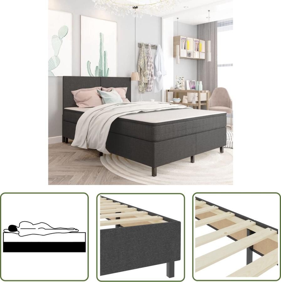The Living Store Boxspring Ken- Kleur- Donkergrijs Materiaal- Stof (100% polyester) MDF en metaal Afmetingen- 201 x 160.5 x 116 cm Inclusief verend matras met topmatras Eenvoudige montage