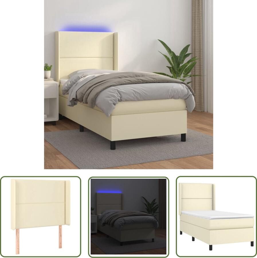 The Living Store Boxspring met matras en LED kunstleer crèmekleurig 100x200 cm Boxspring Boxsprings Bed Slaapmeubel Boxspringbed Boxspring Bed Tweepersoonsbed Bed Met Matras Bedframe Ledikant Bed Met LED