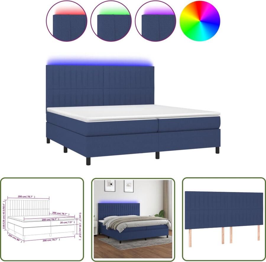 The Living Store Boxspring LED Blauw 203 x 200 x 118 128 cm Verstelbaar hoofdbord Pocketvering matras Huidvriendelijk topmatras Boxspring Led Lamp Boxspring Frame Tweepersoons Bed Elektrisch Bed - Foto 2