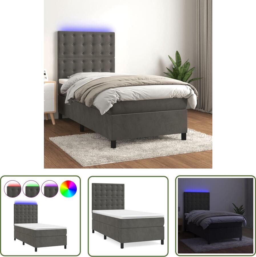 The Living Store Boxspring Bed Donkergrijs Fluweel 203x80x118 128 cm Verstelbaar hoofdbord Kleurrijke LED-verlichting Pocketvering matras Huidvriendelijk topmatras Inclusief montagehandleiding en LED-strip