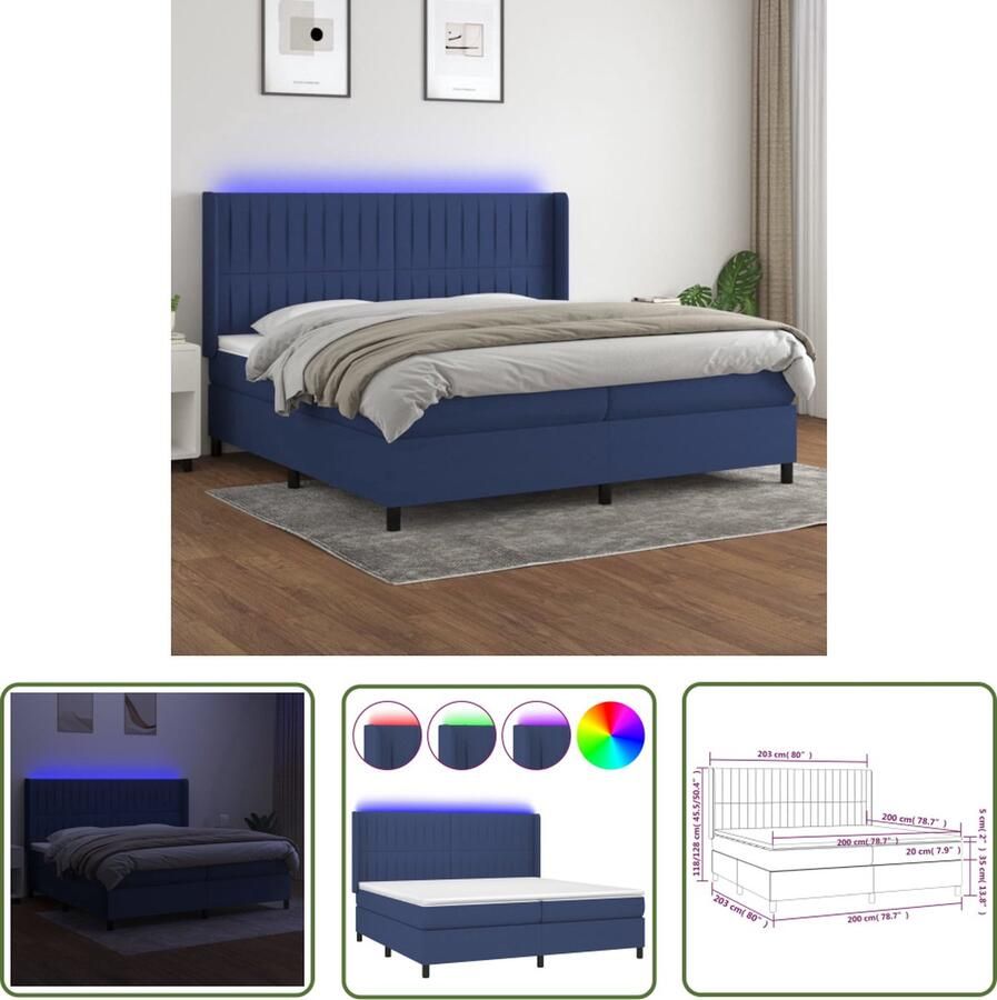The Living Store Boxspring LED Matras Blauw 203x203x118 128 cm Hoge kwaliteit Verstelbaar hoofdbord Kleurrijke LED-verlichting Pocketvering matras Huidvriendelijk topmatras - Foto 2