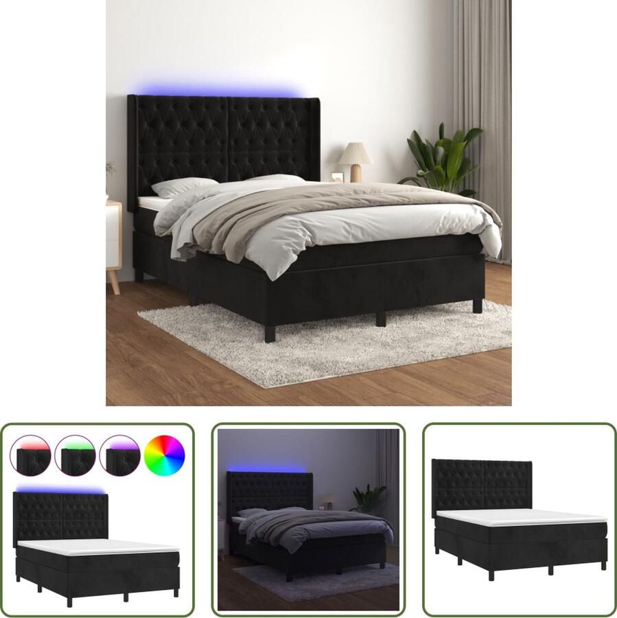 The Living Store Boxspring Luxe fluwelen bed 140x200 LED-verlichting Pocketvering matras Huidvriendelijk topmatras Boxspring Fluweel Bed Led Bed Boxspring Kopen King Size Bed