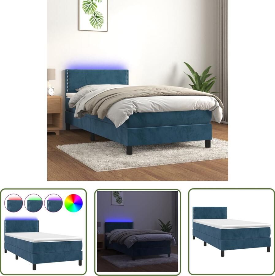 The Living Store Boxspring met matras en LED fluweel donkerblauw 80x200 cm Boxspring Fluweel Bed Donkere Blauwe Bed Slaapcomfort Led Lampje