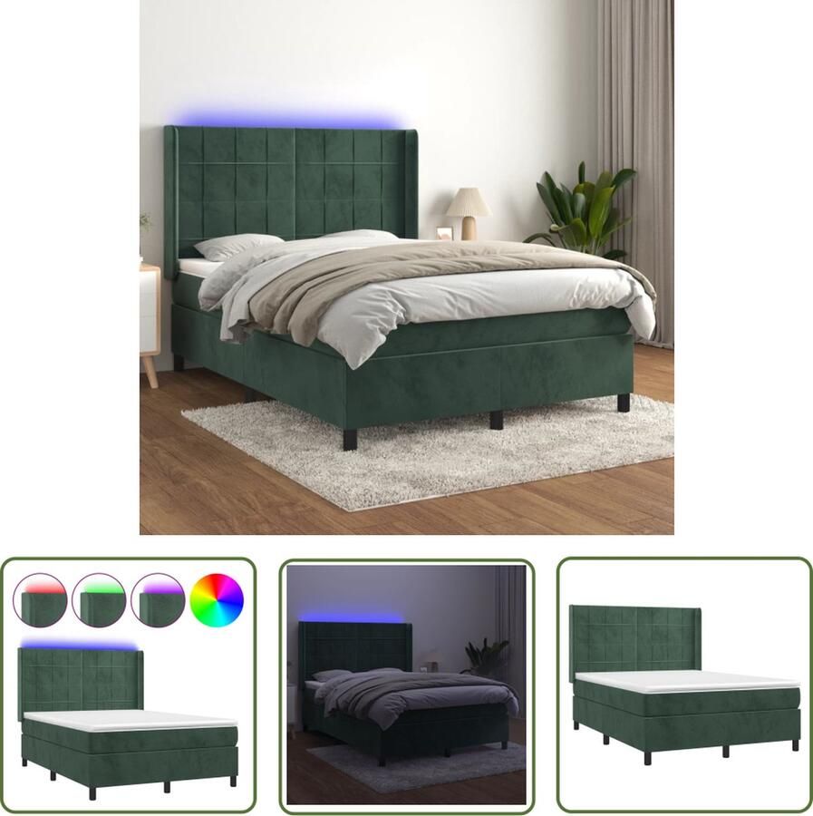 The Living Store Boxspring Bed Donkergroen Fluweel 193x147x118 128 cm Verstelbaar hoofdbord Kleurrijke LED-verlichting Pocketvering matras Huidvriendelijk topmatras Inclusief montagehandleiding