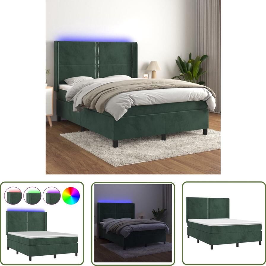 The Living Store Bed Donkergroen Fluweel 193x147x118cm Verstelbaar hoofdbord LED-verlichting Pocketvering matras Huidvriendelijke topmatras Boxspring Fluweel Bed Donkere Groene Bed Elektrisch Verstelbare Bed Led Lampen Bed