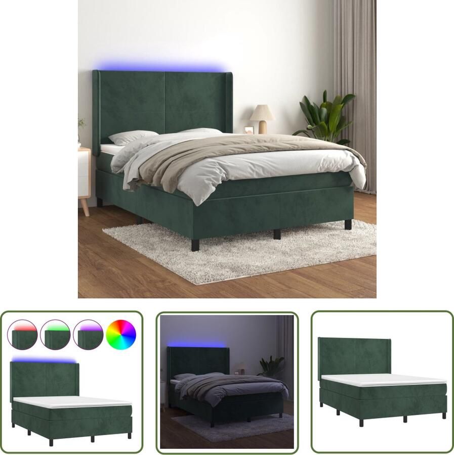 The Living Store Boxspring Donkergroen Fluweel 203x147x118 128cm Verstelbaar hoofdbord LED verlichting Pocketvering matras Huidvriendelijk topmatras Inclusief montagehandleiding