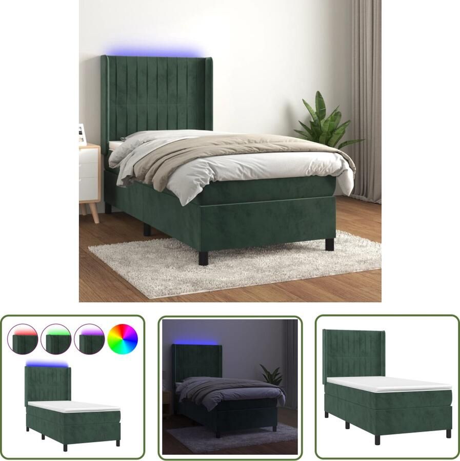 The Living Store Boxspring met matras en LED fluweel donkergroen 90x200 cm Boxspring Donkergroene Boxspring Led Boxspring Velvet Bed Luxe Bed