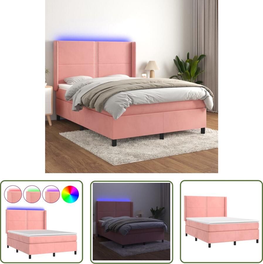 The Living Store Bed s Boxspring 140 x 190 cm Fluwelen stof Verstelbaar hoofdbord Kleurrijke LED-verlichting Pocketvering matras Huidvriendelijk topmatras Boxspring Bed Frame Tweepersoonsbed Velvet Bed Led Bed