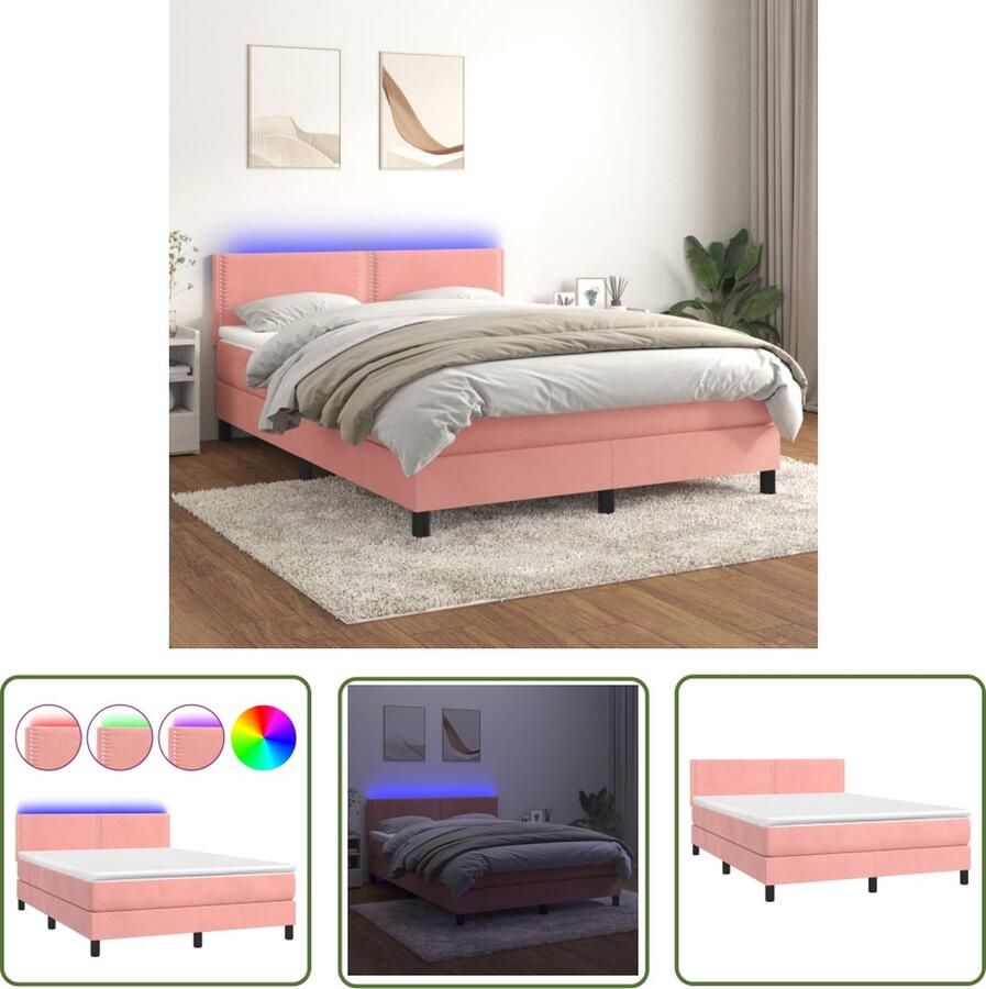 The Living Store Bed Roze Fluweel Pocketvering Matras 140x190 cm Huidvriendelijk Topmatras Kleurrijke LED Boxspring Fluweel Bed Roze Bed Led Bed King Size Bed