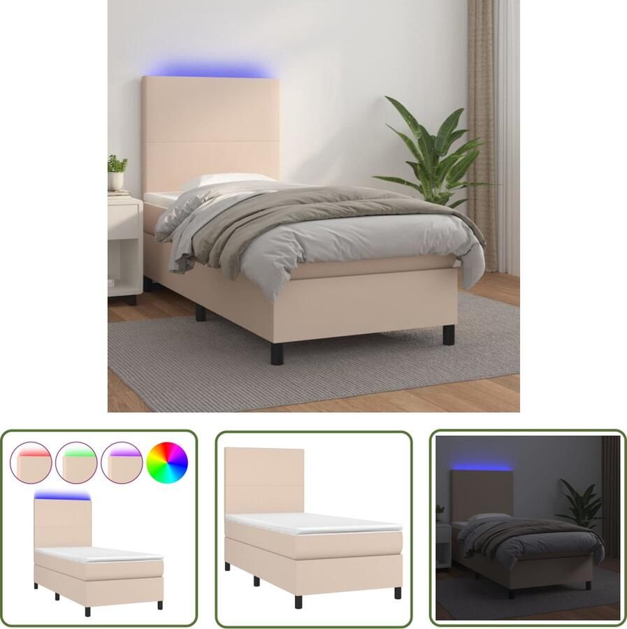 The Living Store Bed Bedframe Cappuccino Kunstleer 203x80x118 128 cm Inclusief Matras en Topmatras LED Verlichting Pocketvering Boxspring Bed Frame Kapstok Lederlook Led Verlichting